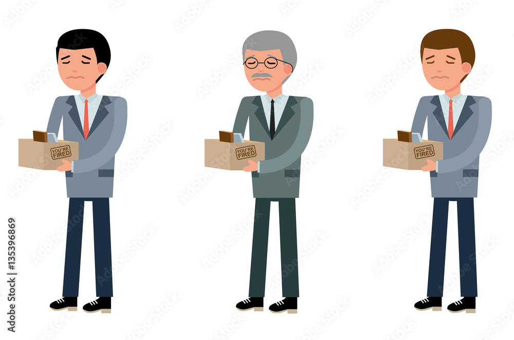 Business people of different ages, young, middle and elderly businessman is sad, they were fired. Set in flat design. Cartoon vector flat-style illustration Business people of different ages, young, middle and elderly businessman is sad, they were fired. Set in flat design. Cartoon vector flat-style illustration