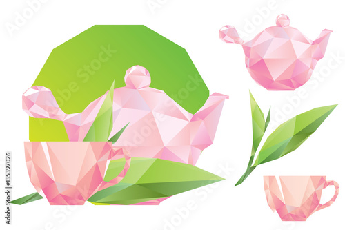 Polygon green tea leaves, polygon pink teacup and kettle, set