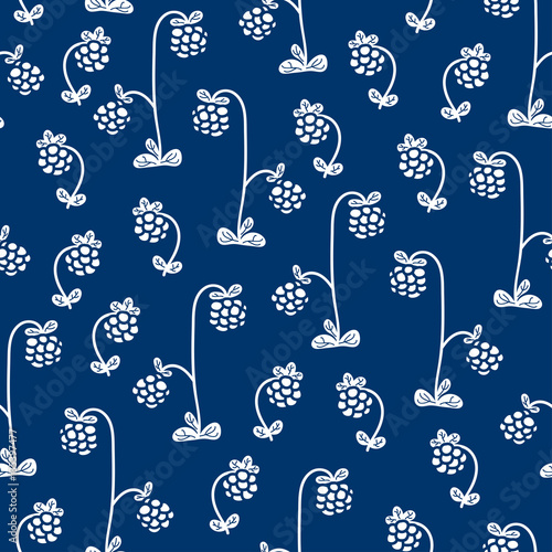 Seamless pattern of forest fruit in folk art / doodle style. All over vector print in dark blue and white.