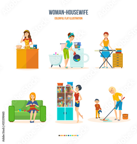 Woman housewife, in the bathroom, kitchen, bedroom, home affairs