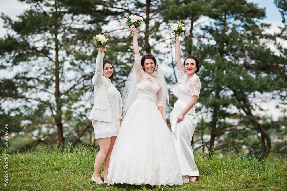 Pretty bride with bridesmaids on white dresses with bouquets on Pretty bride with bridesmaids on white dresses with bouquets on