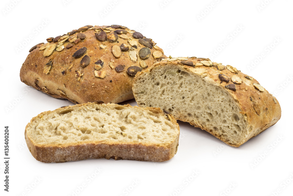 Organic bread with pumpkin seeds isolated on white background. Clipping path included in JPEG. Organic bread with pumpkin seeds isolated on white background. Clipping path included in JPEG.