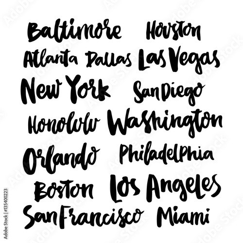 Popular Cities United States of America. Set 15 of city names, hand-drawing of black ink. Vector.