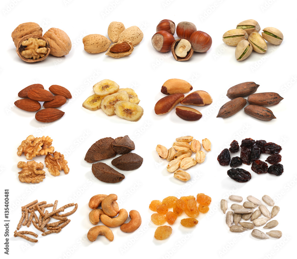 Collection of healthy dried fruits, cereals, seeds and nuts isolated on white background. Large Image Collection of healthy dried fruits, cereals, seeds and nuts isolated on white background. Large Image