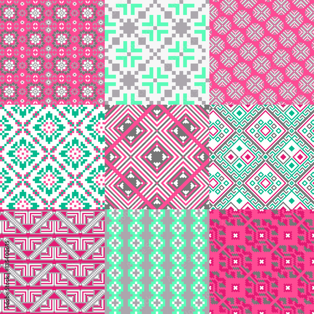 9 retro seamless ornaments. For textile, wallpaper, wrapping, web backgrounds etc.
9 retro seamless ornaments. For textile, wallpaper, wrapping, web backgrounds etc.