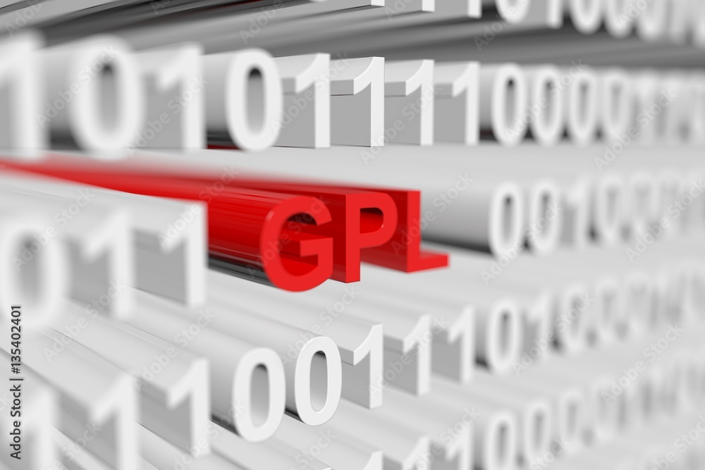 gpl as a binary code with blurred background 3D illustration