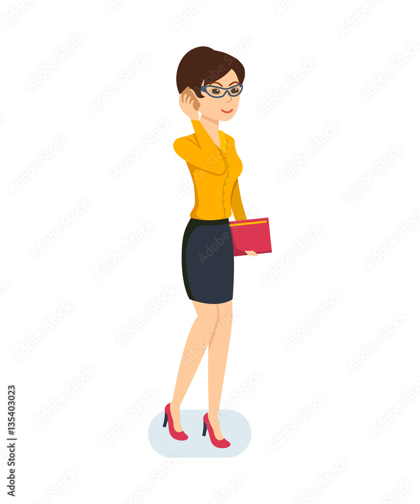 Girl in dress, talking on the phone about the job. Girl in dress, talking on the phone about the job.
