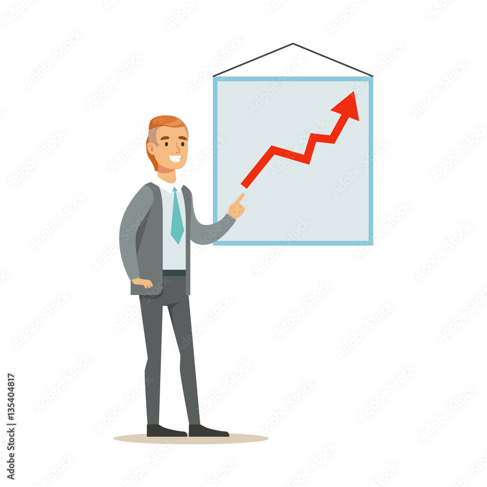 Marketing Specialist Doing Presentation With Chart, Part Of Office Workers Series Of Cartoon Characters In Official Clothing Marketing Specialist Doing Presentation With Chart, Part Of Office Workers Series Of Cartoon Characters In Official Clothing