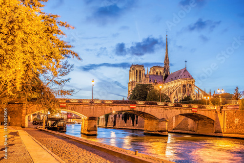 Notre Dame cathedral in Paris during evening, France