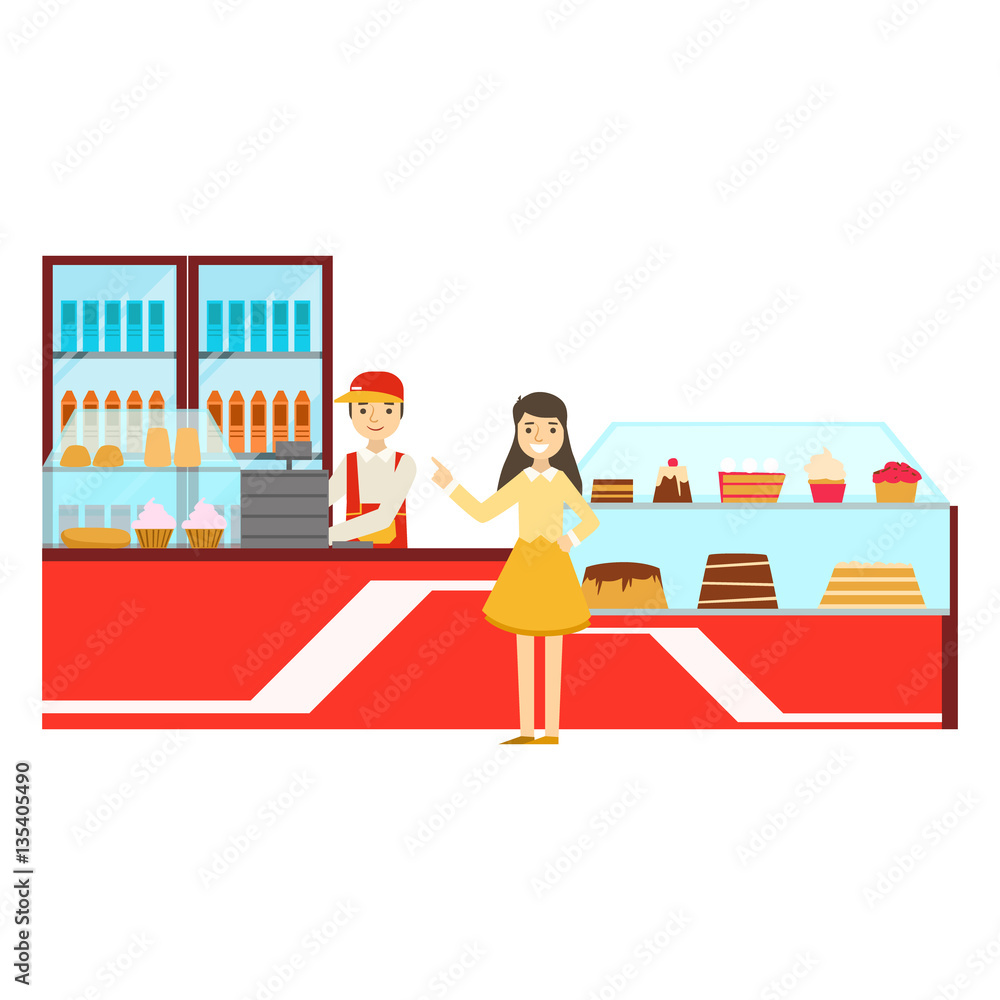Woman Ordering At The Counter, Smiling Person Having A Dessert In Sweet Pastry Cafe Vector Illustration Woman Ordering At The Counter, Smiling Person Having A Dessert In Sweet Pastry Cafe Vector Illustration