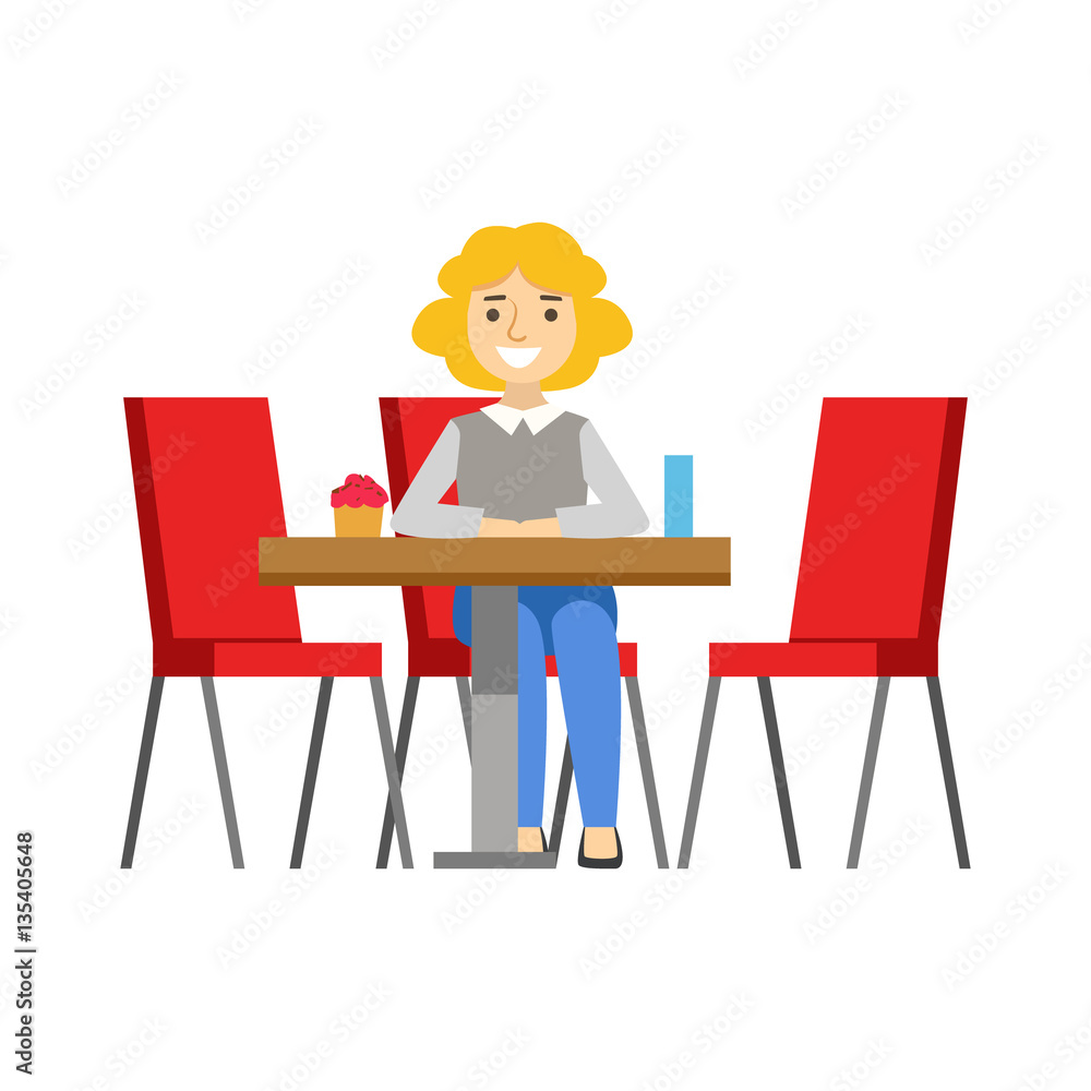 Woman Alone At The Table Eating Cupcake, Smiling Person Having A Dessert In Sweet Pastry Cafe Vector Illustration Woman Alone At The Table Eating Cupcake, Smiling Person Having A Dessert In Sweet Pastry Cafe Vector Illustration