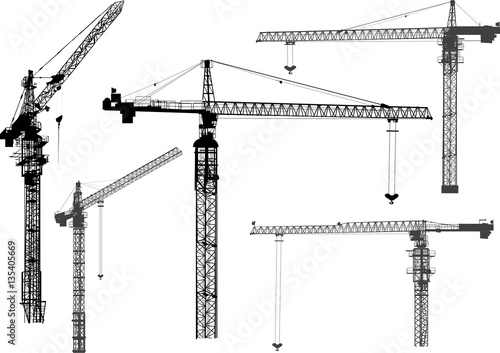 five black building cranes silhouettes on white