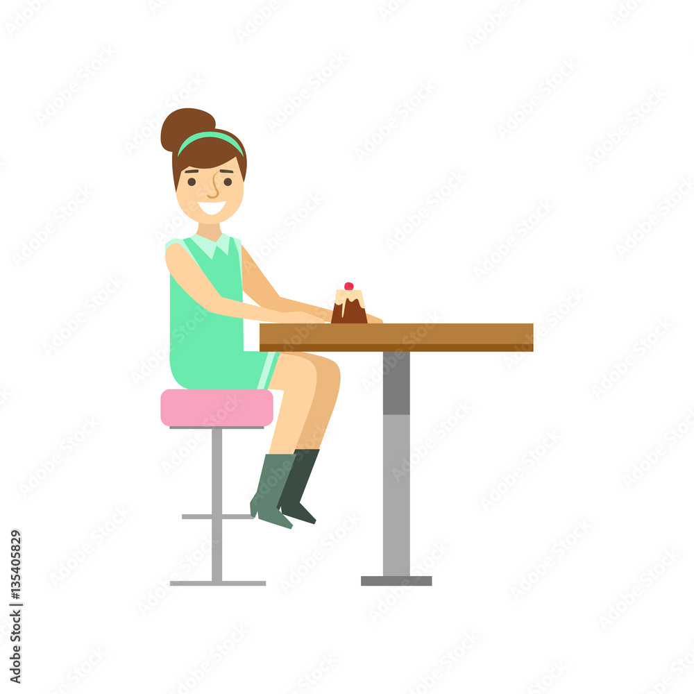 Young Woman Eating Cupcake Alone, Smiling Person Having A Dessert In Sweet Pastry Cafe Vector Illustration Young Woman Eating Cupcake Alone, Smiling Person Having A Dessert In Sweet Pastry Cafe Vector Illustration