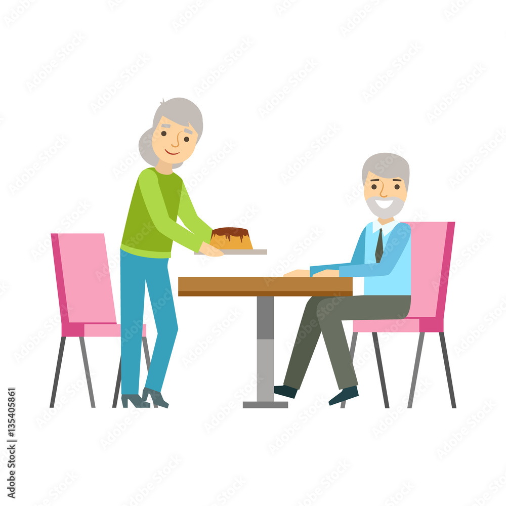 Old Couple Eating Cake At The Table, Smiling Person Having A Dessert In Sweet Pastry Cafe Vector Illustration