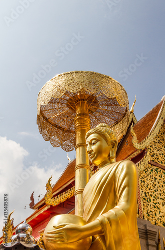 On the way to the sky, spiritual elevation and ascension, golden buddhist pagoda with buddha statues, Doi Suthep, Chiang Mai, Thailand 