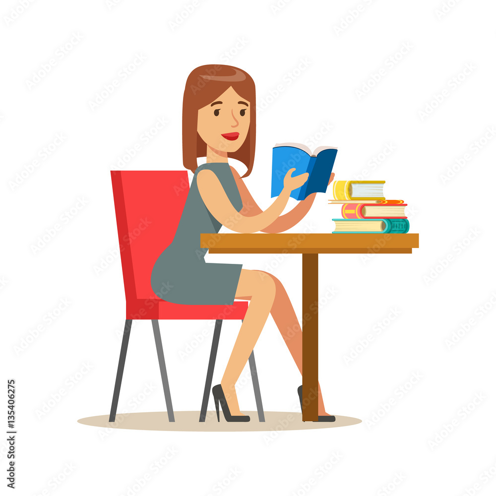 Woman Reading A Book At The Table, Smiling Person In The Library Vector Illustration