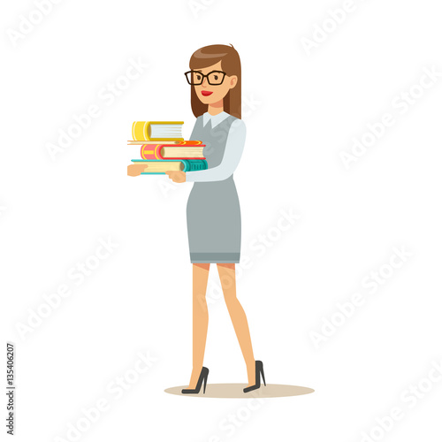 Woman In Glasses Carrying Pile OF Books, Smiling Person In The Library Vector Illustration