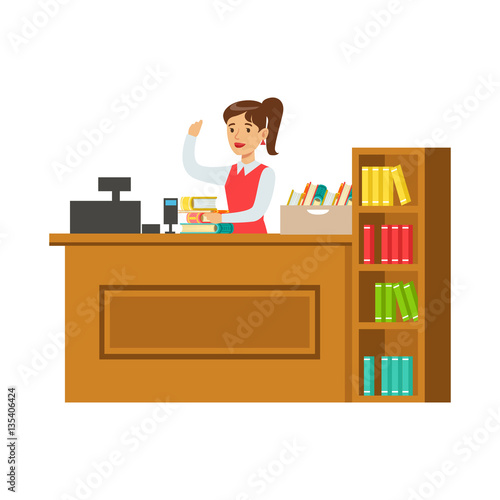 Librarian At Her Workplace With Bookshelves, Smiling Person In The Library Vector Illustration
