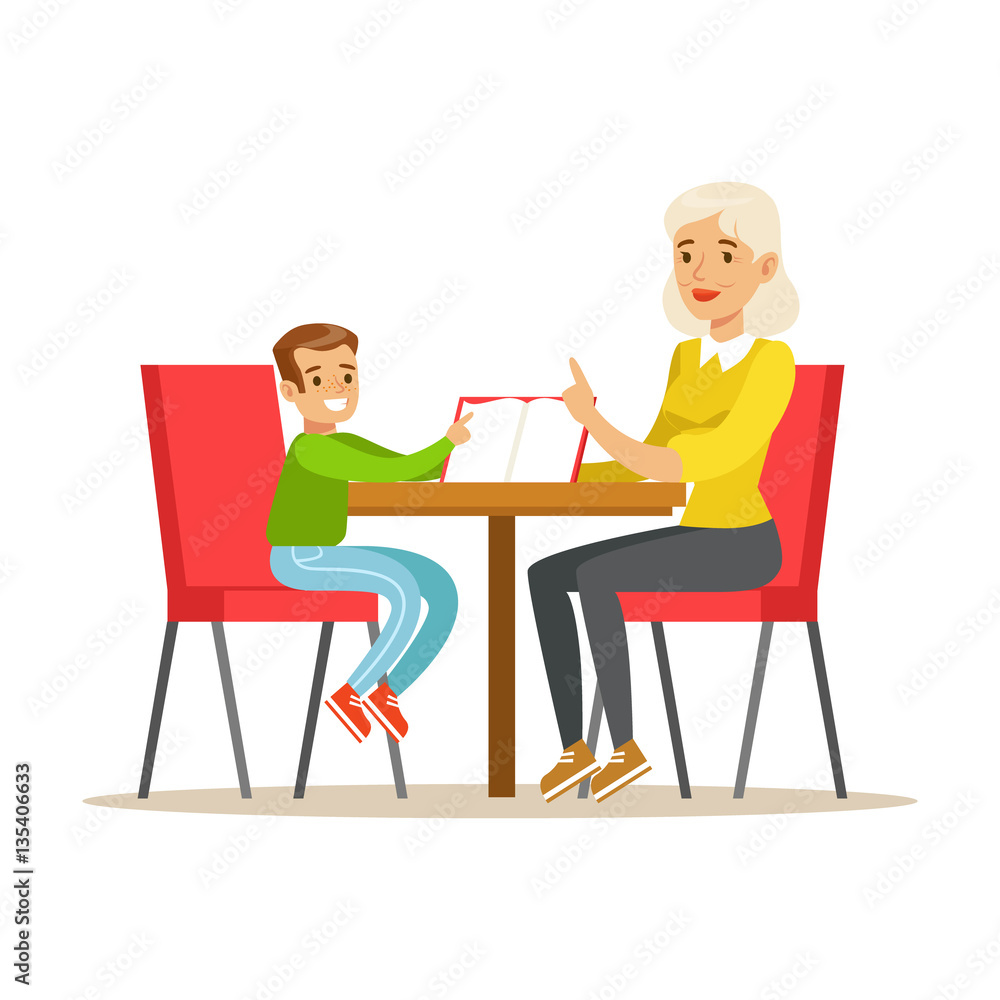 Grandmother And A Boy Reading a Book Together, Smiling Person In The Library Vector Illustration