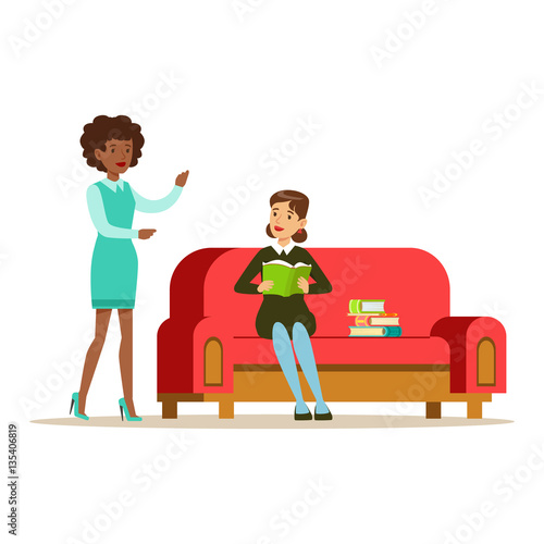 Woman Sitting On Sofa Reading A Book Talking To A Friend, Smiling Person In The Library Vector Illustration