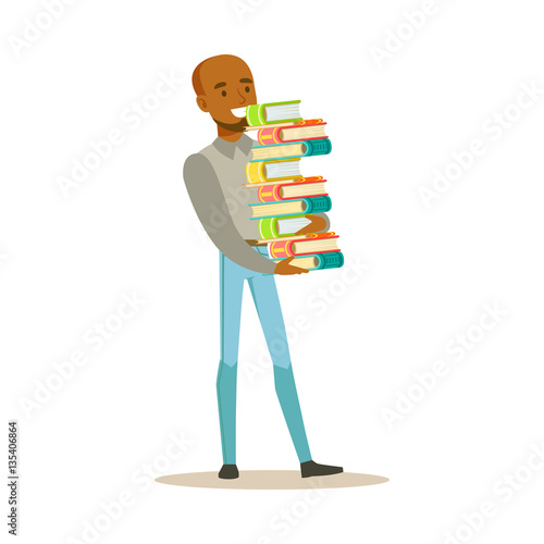 Man Carrying Tall Pile Of Books, Smiling Person In The Library Vector Illustration