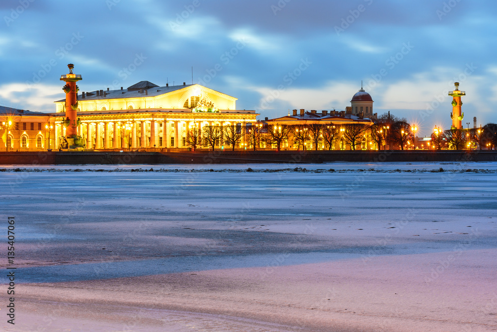 Fototapeta premium On the banks of the Neva river in St. Petersburg Russia at sunset. Junuary 2017.