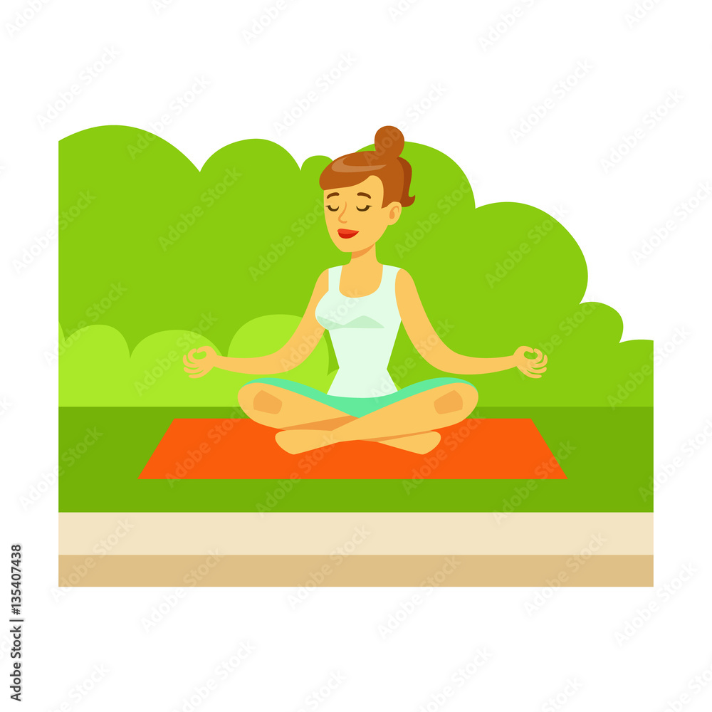 Woman Doing Yoga Exercises And Medtating In Lotus Pose On Grass, Part Of People In The Park Activities Series