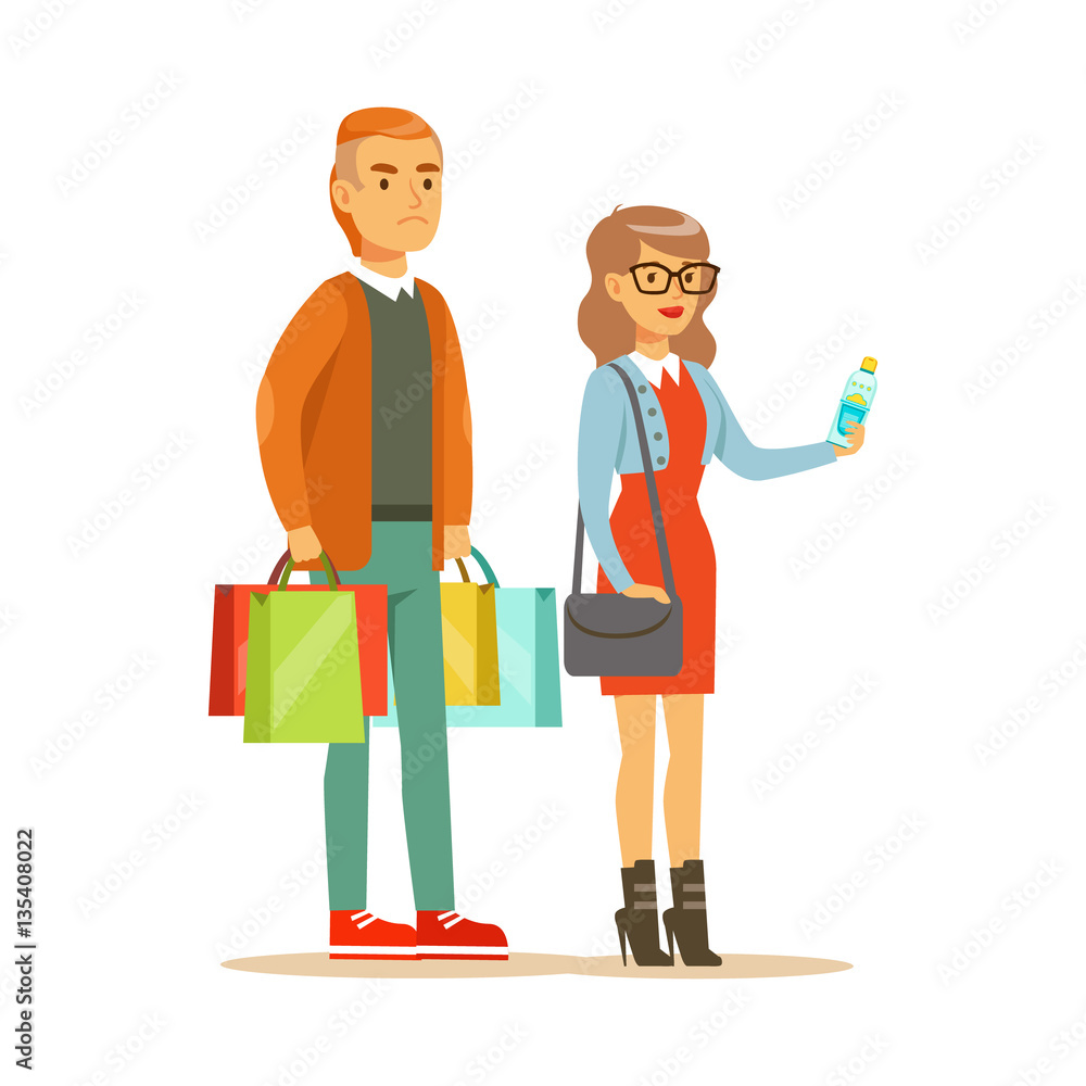 Couple With Multiple Clothing Outlet Bags Shopping In Department Store ,Cartoon Character Buying Things In The Shop
