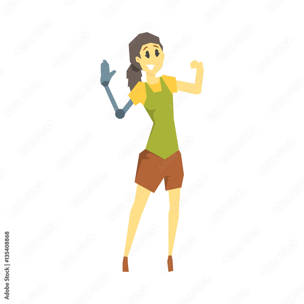 Woman With Prosthetic Arm, Young Person With Disability Overcoming The Injury Living Full Live Vector Illustration Woman With Prosthetic Arm, Young Person With Disability Overcoming The Injury Living Full Live Vector Illustration