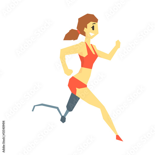 Woman Running With Prosthetic Leg, Young Person With Disability Overcoming The Injury Living Full Live Vector Illustration