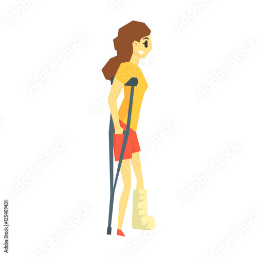 Girl With Cast On Leg Walking With Croushes, Young Person With Disability Overcoming The Injury Living Full Live Vector Illustration