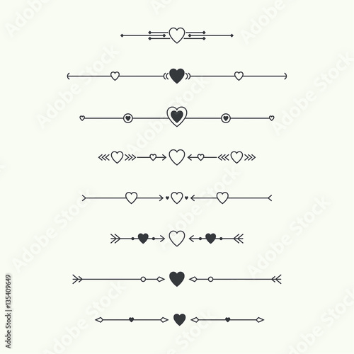 Dividers vector set isolated. Geometric horizontal vintage line heart border and text design element. Collection of decorative page rules. Separation select text. Minimalism