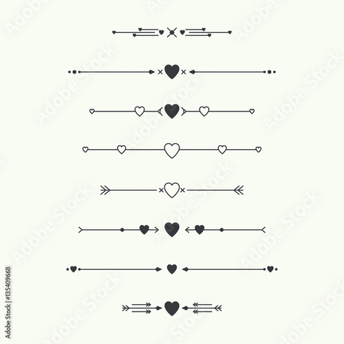 Dividers vector set isolated. Geometric horizontal vintage line heart border and text design element. Collection of decorative page rules. Separation select text. Minimalism