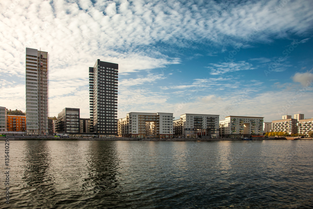 Fototapeta premium Waterways and beautiful modern buildings in Stockholm, Sweden