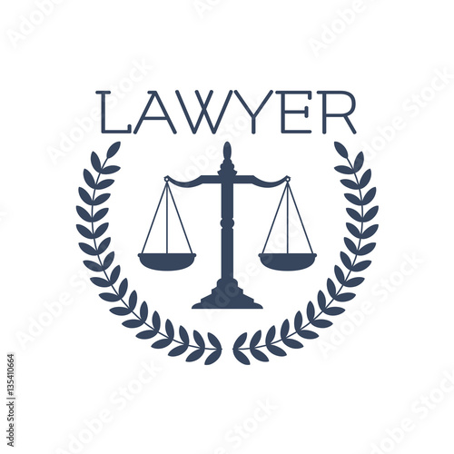 Lawyer icon, justice scales, laurel wreath emblem