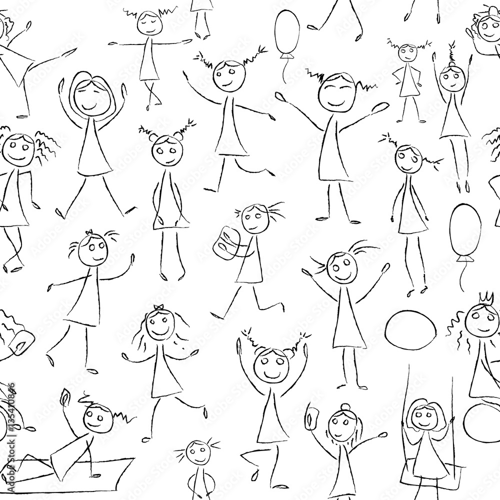 Sketch drawing little girls in different poses seamless pattern Stock ...