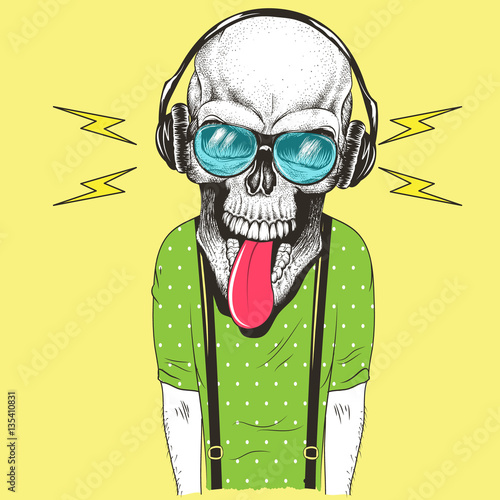 Hand drawn skull listening to music in headphones