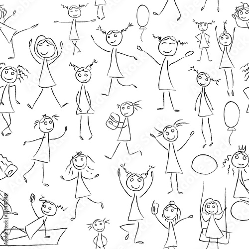 Sketch drawing little girls in different poses seamless pattern