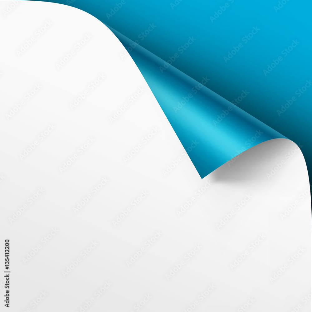 Vector Curled corner of White paper with shadow Mock up Close up Isolated on Bright Light Blue Background Vector Curled corner of White paper with shadow Mock up Close up Isolated on Bright Light Blue Background