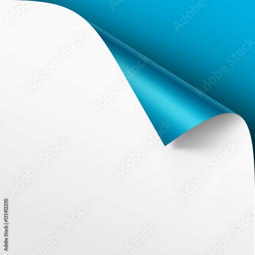 Vector Curled corner of White paper with shadow Mock up Close up Isolated on Bright Light Blue Background