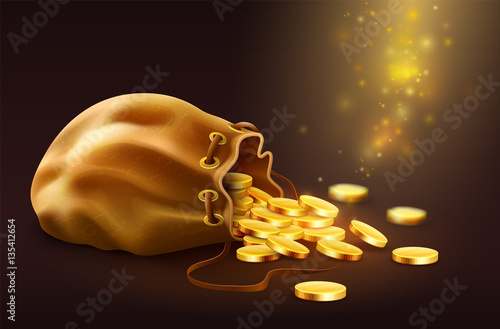Sack with spilled magic golden coins fairy-tale