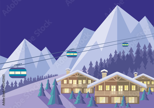 The image is a wooded mountain slope, the Chalet and the cable car. Beautiful winter landscape. Vector background.