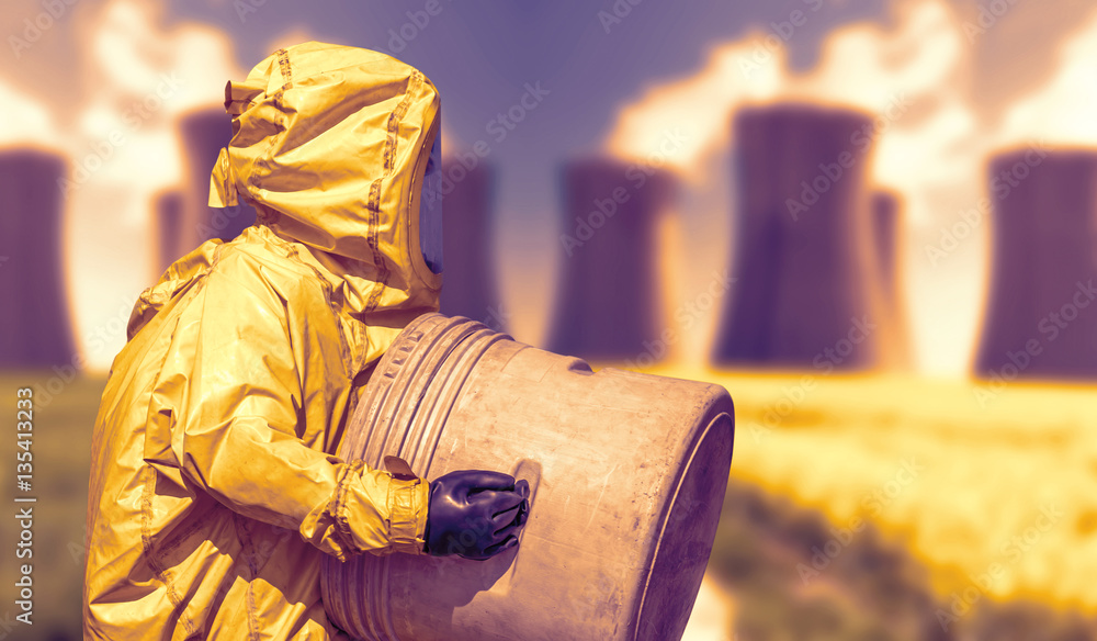 Fototapeta premium Abstract view of smoking coal power plant and men in protective hazmat suit 