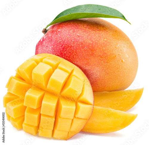 Mango fruit and mango cubes. Isolated on a white background.