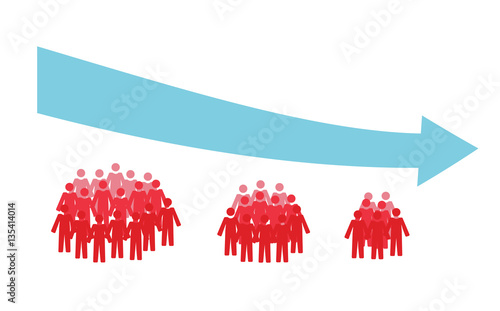 Vector image of three crowds of people getting smaller and a downwards arrow