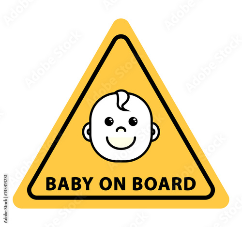 Baby on board sign on yellow triangle, flat vector illustration