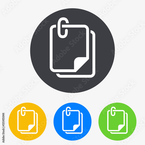 Icono plano hojas papel con clip en circulo varios colores