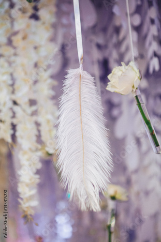 White feather and rose hang from the ceiling