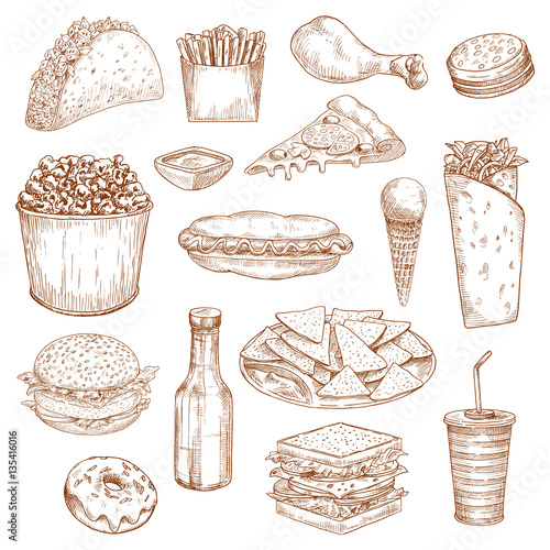 Fast food sketch vector icons meal, snacks, drinks