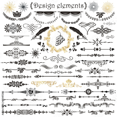Vector set of calligraphic design elements and page decor.